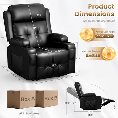 Power Recliner Chair, Home Theater Seating with Heat Massage, Reclining Sofa RV Single Chair, Wall Hugger RV Movie Theater Chairs, RV Furniture Sofas with USB, Cup Holders, Pockets for Gaming Room