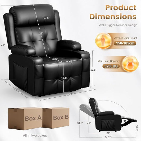 Power Recliner Chair, Home Theater Seating with Heat Massage, Reclining Sofa RV Single Chair, Wall Hugger RV Movie Theater Chairs, RV Furniture Sofas with USB, Cup Holders, Pockets for Gaming Room