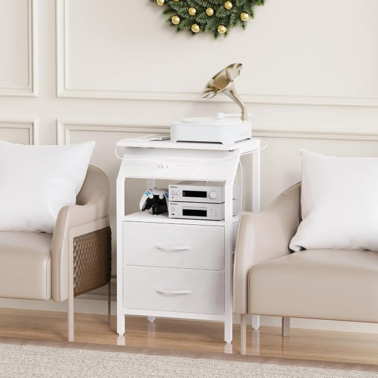 SZLHANJZ LED End Table, Nightstand with 2 Drawers and Charging Station Type C Port, Storage Fabric Night Stand for Bedside, Small Side Table for Living Room Dorm, White