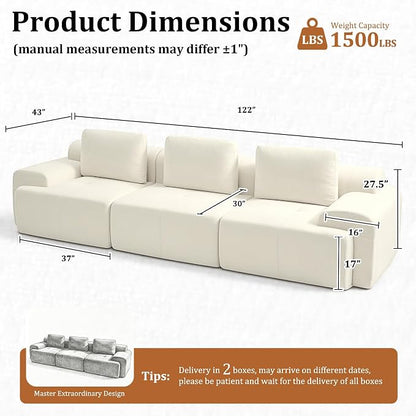 122" Oversized Boneless Couch, Comfort Cloud Sectional Couches for Living Room, Modular Sofa High Back & Extra Deep Seat, No Assembly, Soft Chenille Fabric (Warm White, 122 inch-（3+0）)