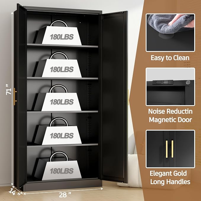 71” Tall Kitchen Pantry Cabinet, Metal Storage Cabinet with 2 Doors and 4 Adjustable Shelves for Kitchen, Living Room, Laundry Room