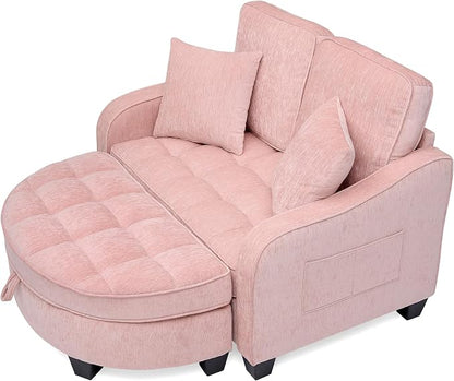 ERYE Chenille Tufted Loveseat Sofa and Ottoman Set, Tufted Recliner Sleeper Chaise Lounge with Curved Storage Ottoman,Reclining Backrest and Side Pockets, 4 Pillows