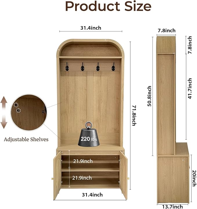 Narrow Entryway Hall Tree with Storage Bench, Modern Fluted Coat Rack and 2-Door Shoe Cabinet for Small Spaces, Arched Mudroom Organizer to Hide Clutter, Natural