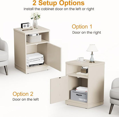 RoyalCraft Beige Nightstand with Storage Shelf and Door, Faux Two-Drawer Design Side Table, Modern Night Stand for Bedroom Dorm, Wood End Table for Small Spaces