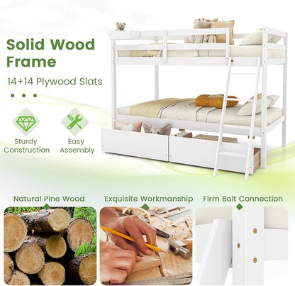 KOMFOTT Twin Over Twin Bunk Bed with 2 Roll-Out Drawers, Wood Bunk Bed Frame with Removable Storage Box, Bunk Bed with Ladder & Safety Guardrail for Dorm Apartment Home, No Box Spring Needed (White)