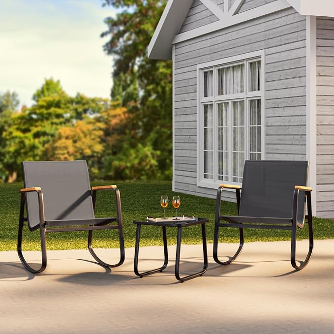 Ahomly 3 Pieces Patio Furniture Set Textilene Fabric Outdoor Patio Rocking Bistro Set with Wooden Armrests and Coffee Table for Lawn, Porch, Balcony, Poolside, Black