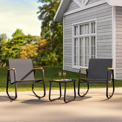 Ahomly 3 Pieces Patio Furniture Set Textilene Fabric Outdoor Patio Rocking Bistro Set with Wooden Armrests and Coffee Table for Lawn, Porch, Balcony, Poolside, Black