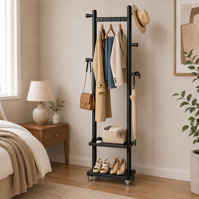 Solid Wood Coat Rack Freestanding Clothing Rack with Wheels & 2 Shelves Storage & 5 Hooks Heavy Duty Clothes Rack Wood Coat Tree Stand Hat Hanger Rack for Corner Bedroom Entryway Living Room Hotel