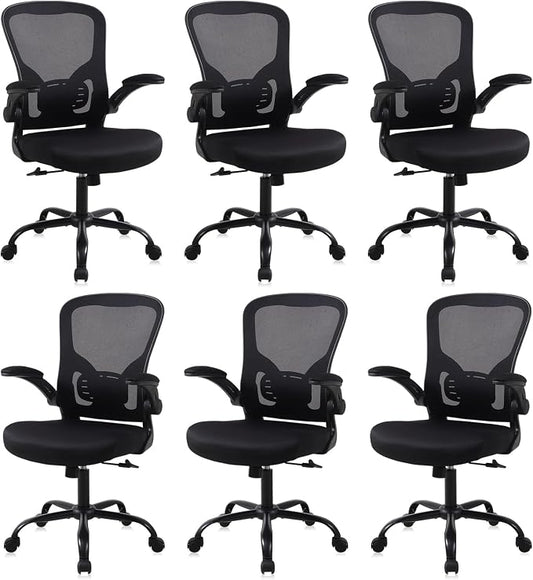 Flysky Mesh Office Chair, Ergonomic Computer Desk Chairs for Home Office - with Comfy/Comfortable Flip-up Arm Rests, Lumbar Support, Height Adjustable, 360 Degree Rolling Swivel (Black, 6 Pack)