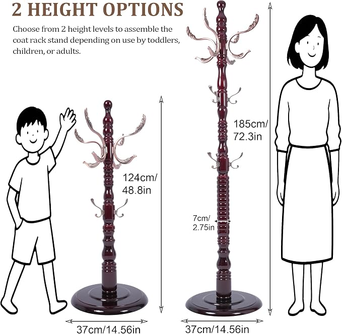 Wooden Coat Rack Free Standing 20 Metal Hooks, Vintage Coat Rack Stand for Entryway, Adjustable Height 73", Heavy Duty Coat Tree with Solid Round Base for Home Bedroom, Office(Walnut-m)