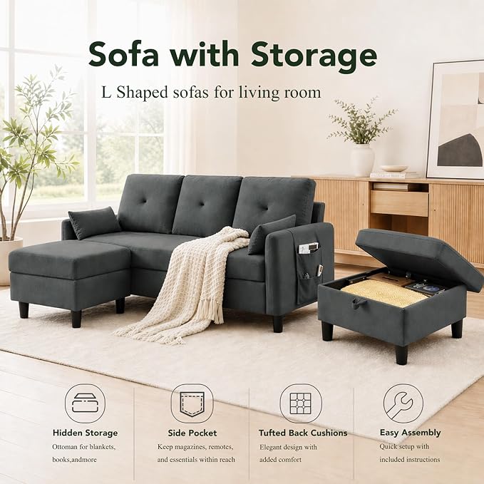Convertible Sectional Sofa, 77" Small L Shaped 3 Seat Couch with Reversible Storage Chaise, Modern Polyester Fabric Sofa Couches for Living Room, Apartment and Small Space, Dark Grey