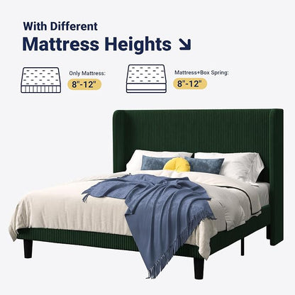 Allewie Full Size Bed Frame with Upholstered Wingback Headboard, Vertical Channel Tufted Corduroy Velvet Platform Bed, Strong Wooden Slats Support, No Box Spring Needed, Easy Assembly, Dark Green