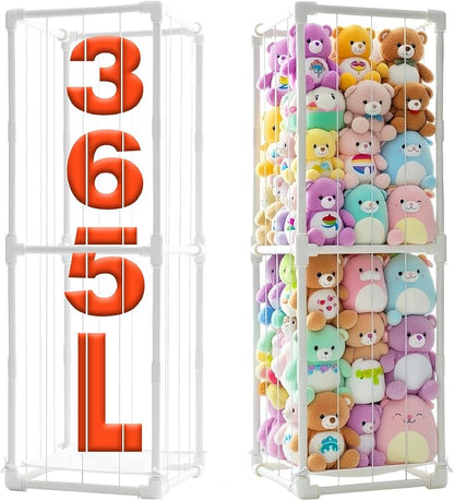 Large Stuffed Animal Storage Zoo Cage Holder, 19"x19"x56.3" Pre-Threaded Bungee Upgrade PVC Toy Organizers and Storage, Vertical Space Saving Plush Toys Zoo Holder, for Bedroom Playroom, White