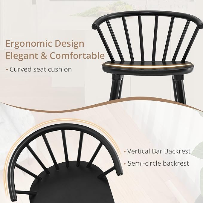 LUE BONA Black Dining Chairs Set of 2, Farmhouse Wood Dining Chairs with Semicircular Backrest, Spindle Dining Chair for Kitchen and Dining Room, 18 Inch