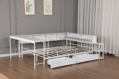 Bellemave Full Size Corner Bed Frame with Storage Drawers, Bookcase and Side Desk, Full Corner Bed with Light and Charging Station, Daybed for Bedroom, Living Room, Guest Room White
