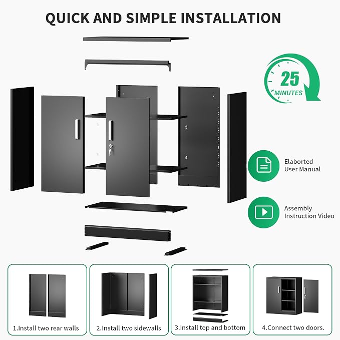 Metal Garage Storage Cabinet with Doors and Adjustable Shelves, 35.4" Locker Organizer Steel Garage Cabinets, Lockable File Cabinet for Home, Office, Warehouse, Tools