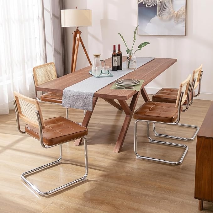 Zesthouse Natural Rattan Dining Chairs Set of 4, Mid Century Modern Dining Room Chairs with Chrome Leg, Faux Leather Kitchen Chair with Solid Wood Back & Cane Mesh, Breuer Cesca Design Inspired, Brown