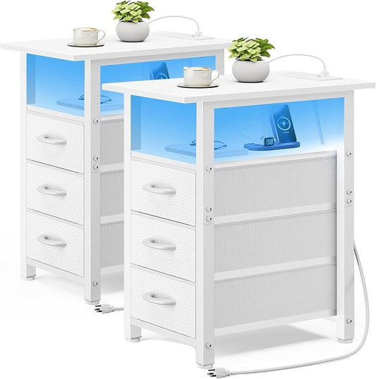 Vagusicc Set of 2 White Nightstand with Charging Station and LED Lights, Narrow End Table, LED Night Stand with 3 Fabric Drawers for Bedroom, Small Bedside Table, Narrow Side Table for Small Spaces