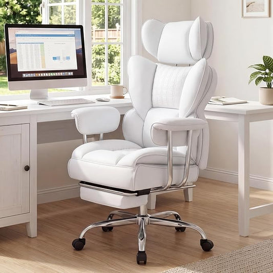 DUMOS Big and Tall Office Chair 400 LBS, Scratch-Resistant PU Leather Executive Office Desk Chair with Footrest, Ergonomic Reclining Computer Chairs with Pocket Spring Support, White