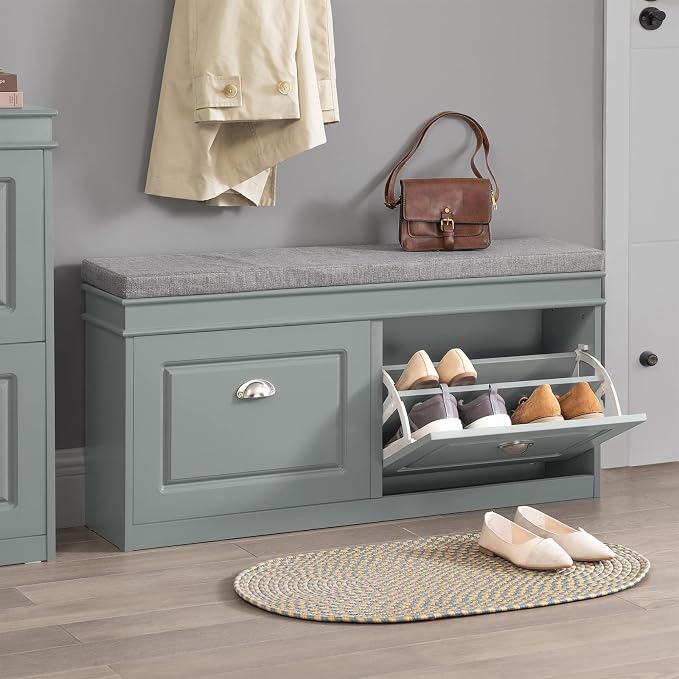 SoBuy Grey Storage Shoe Bench with 2 Flip Drawers, Hidden Shoe Bench, Free Standing Shoe Rack, Shoe Cabinet, Hallway Storage Bench with Seat Cushion FSR64-HG