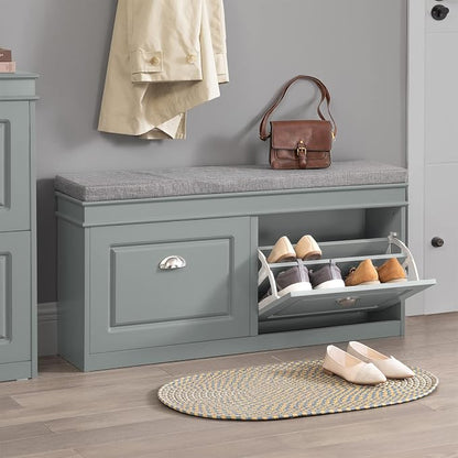 SoBuy Grey Storage Shoe Bench with 2 Flip Drawers, Hidden Shoe Bench, Free Standing Shoe Rack, Shoe Cabinet, Hallway Storage Bench with Seat Cushion FSR64-HG