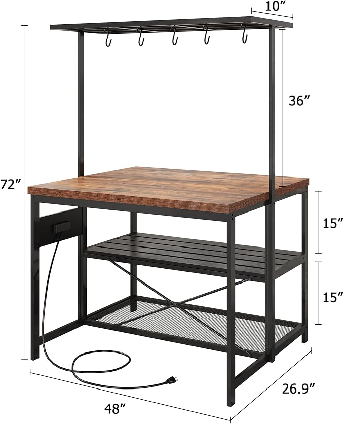 GarveeHome 47 in Kitchen Island with Power Outlet & Storage - Large Bakers Rack, Microwave Stand with 3-Tier Shelves & 5 Hooks for Pantry Organization
