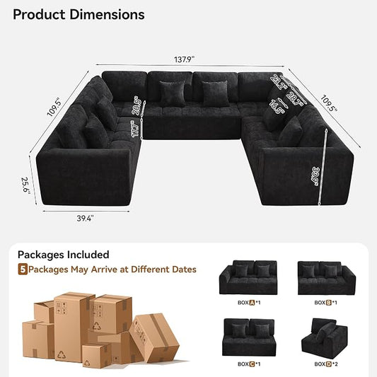 140''Modular Sectional Couches for Living Room, Cloud Boneless Compressed Sectional Sofa, Oversized U Shaped 8 Seater Upholstered Memory Foam Sofa, No Assembly, Chenille Black