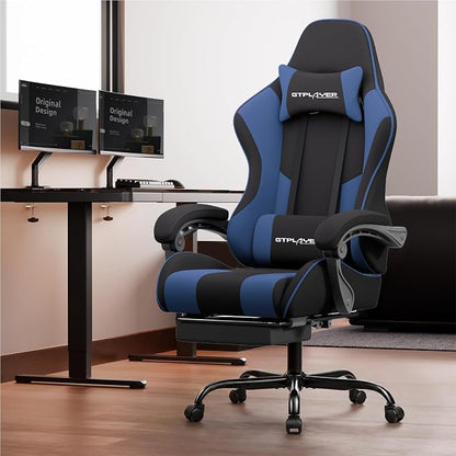 GTPLAYER Gaming Chair, Computer Chair with Footrest and Lumbar Support, Height Adjustable Game Chair with 360°-Swivel Seat and Headrest and for Office or Gaming (Blue, Fabric)