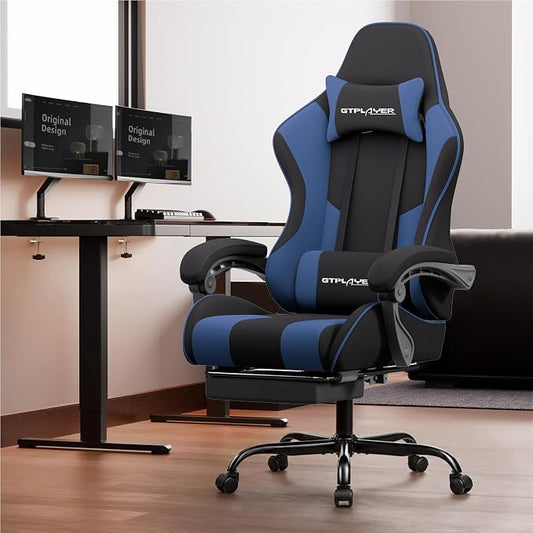 GTPLAYER Gaming Chair, Computer Chair with Footrest and Lumbar Support, Height Adjustable Game Chair with 360°-Swivel Seat and Headrest and for Office or Gaming (Blue, Fabric)