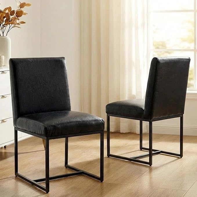 VESCASA Faux Leather Upholstered Dining Chairs with Black Metal Frame, Mid Century Modern Padded Kitchen Chair with Adjustable Foot Pads for Restaurant, Dining Room, Set of 2, Black