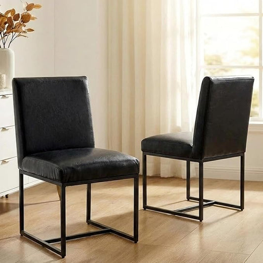 VESCASA Faux Leather Upholstered Dining Chairs with Black Metal Frame, Mid Century Modern Padded Kitchen Chair with Adjustable Foot Pads for Restaurant, Dining Room, Set of 2, Black