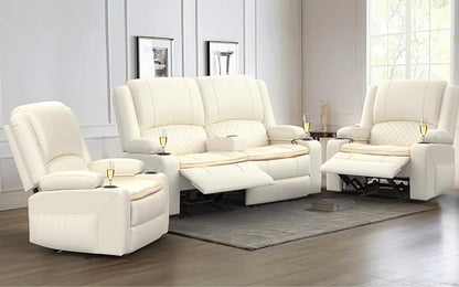Yolsali Loveseat Recliner Sofa Set with 2-Tier Cushion, 2+1 Pieces in Living Room, 2 Seater Reclining Loveseat Leather with Removable Console, 1 Oversize Recliner Chair Sofa Seat - White PU