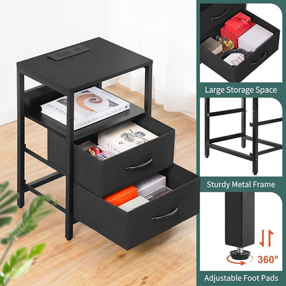 Yoobure Nightstand with Charging Station, LED Night Stand with Fabric Drawers and Storage Shelf for Bedroom, Nightstands Bedside Tables with USB Ports & Outlets, Small Night Stands, Bed Side Table