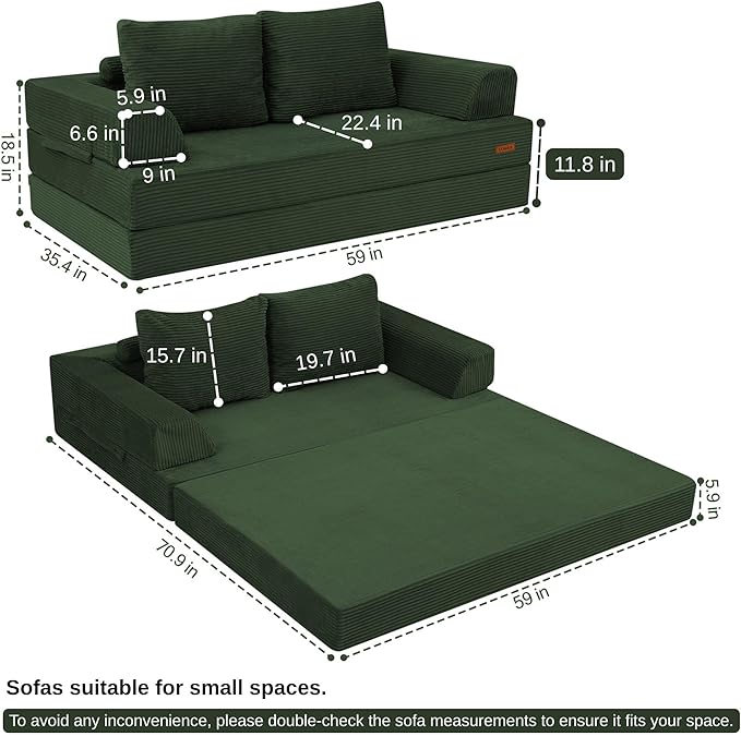 COMAX Futon Sofa Bed, Convertible Sofa Bed, Folding Boneless Couches | Boneless Couch for living room, 4‑in‑1 Fold Out Small Foldable Loveseat Floor Sleeper Mattress Lounge Space‑Saving