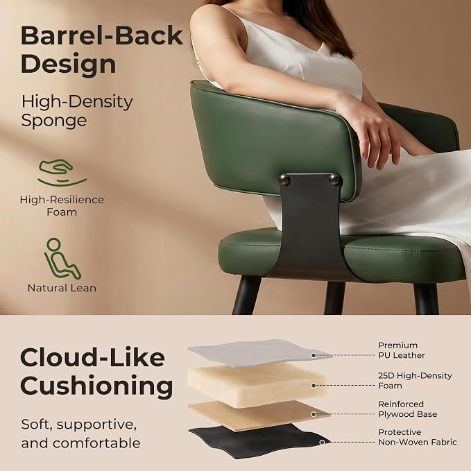 Dining Chairs Set of 6, Modern Upholstered Faux Leather Kitchen Chairs with Curved Back, Easy to Assemble & Clean for Dining Room, Restaurant, Cafe, Green