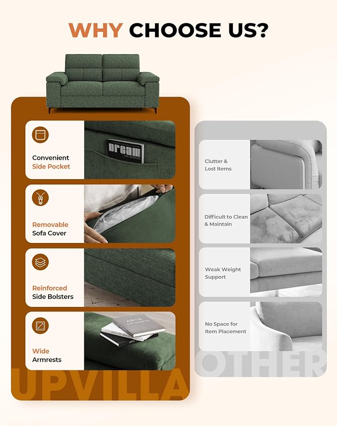 Upvilla 71.25" Modern Sofa Couch for Living Room, Deep Seat Sofas with 8”Cushion, Comfy 2-Seater Chenille Loveseat with Convertible Armrest, Removable Sofa Cover, High Leg(Green)