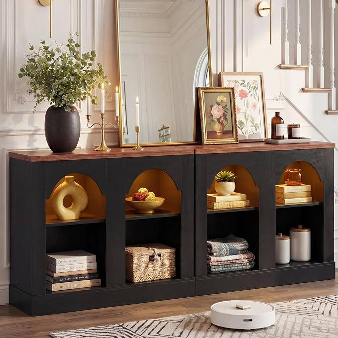 Unikito Arched Console Table with LED Lights, 94" Long Farmhouse Entryway Table with Adjustable Shelves, Sideboard Buffet Storage Cabinet for Entrance/Hallway/Living Room, Sofa Table Behind Couch