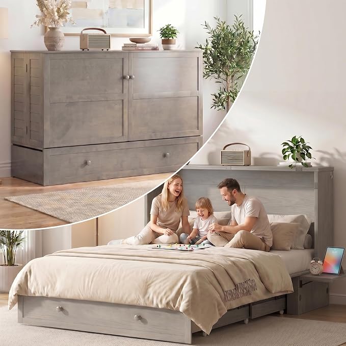 PUREMIND Queen Murphy Bed with Mattress Included, Murphy Cabinet Bed with Storage Drawer, Built-in Charging Station, Solid Wood Frame, Space-Saving Cabinet Beds for Small Spaces/Guest Room (Gray)
