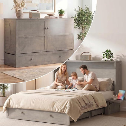 PUREMIND Queen Murphy Bed with Mattress Included, Murphy Cabinet Bed with Storage Drawer, Built-in Charging Station, Solid Wood Frame, Space-Saving Cabinet Beds for Small Spaces/Guest Room (Gray)