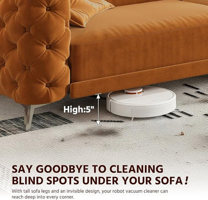 97.7" Convertible Queen Sleeper Sofa with Ottoman - Button Tufted Pull Out Sofa Bed, Velvet King Size Couch Bed & Vintage Deep Seat 4-Seater Couch for Small Spaces, Apartment & Living Room, Orange | Button Tufted