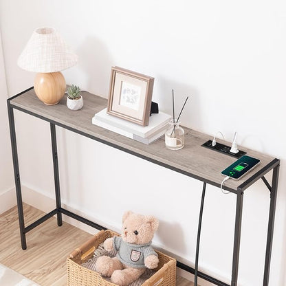 MAHANCRIS Console Table, Narrow Sofa Table, 43.7” Entrance Table with Power Station, Behind Couch Table, Simple Style, for Living Room, Hallway, Entryway, Foyer, Greige and Black CTHG112E01