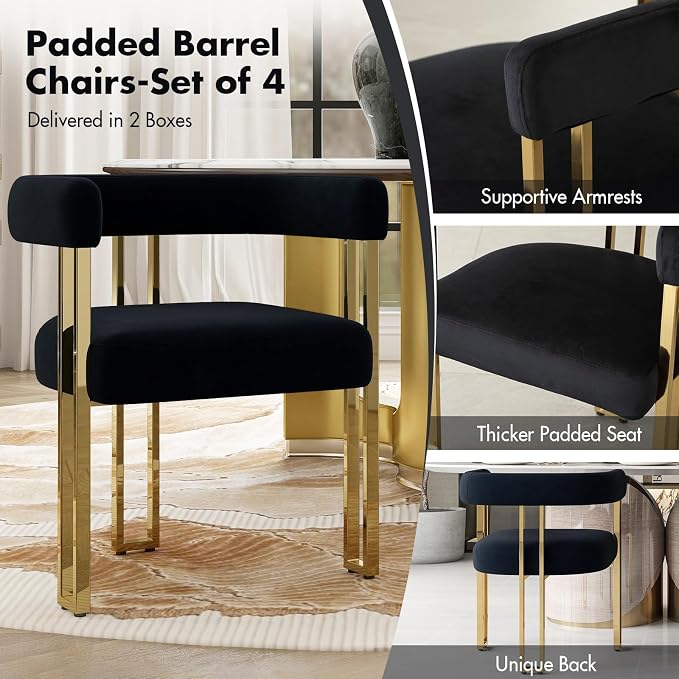 Hyfirm Set of 4 Black and Gold Modern Dining Chairs, Velvet Upholstered Barrel Armchairs with Metal Legs for Kitchen Island, Mid Century Accent Chairs for Dining Room Living Room, Open-Back