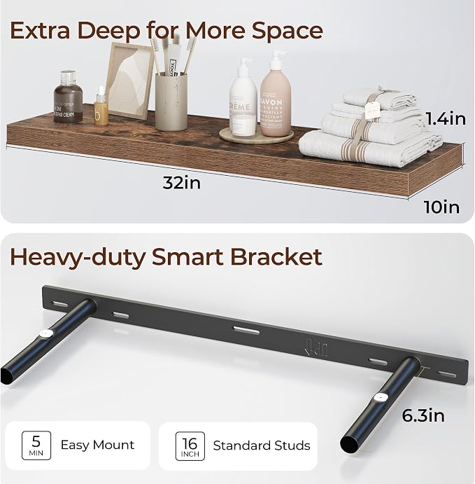 Fun Memories Floating Shelves for Wall 32 Inch Set of 3, Farmhouse Floating Shelves with Invisible Heavy Duty Bracket, 10 Inch Deep Bathroom Shelves for Storage, Living Room, Kitchen, Decor, Brown