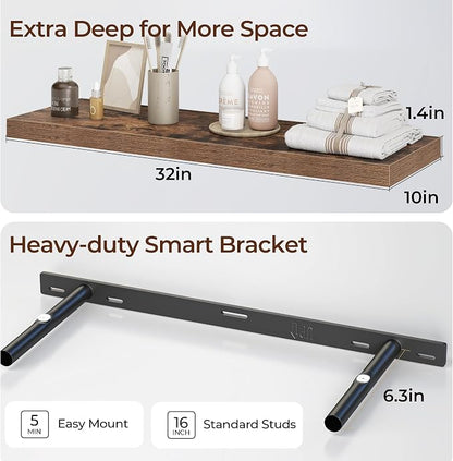 Fun Memories Floating Shelves for Wall 32 Inch Set of 3, Farmhouse Floating Shelves with Invisible Heavy Duty Bracket, 10 Inch Deep Bathroom Shelves for Storage, Living Room, Kitchen, Decor, Brown