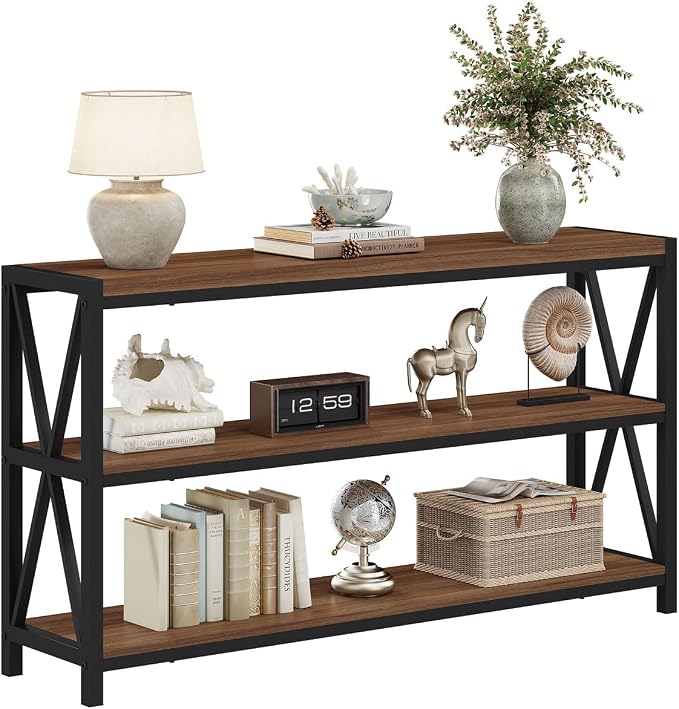 FATORRI Console Table for Entryway, 55 Inch Modern Entry Table with 3 Tier Shelves, Couch Tables Behind Sofa for Living Room (Medium Walnut)
