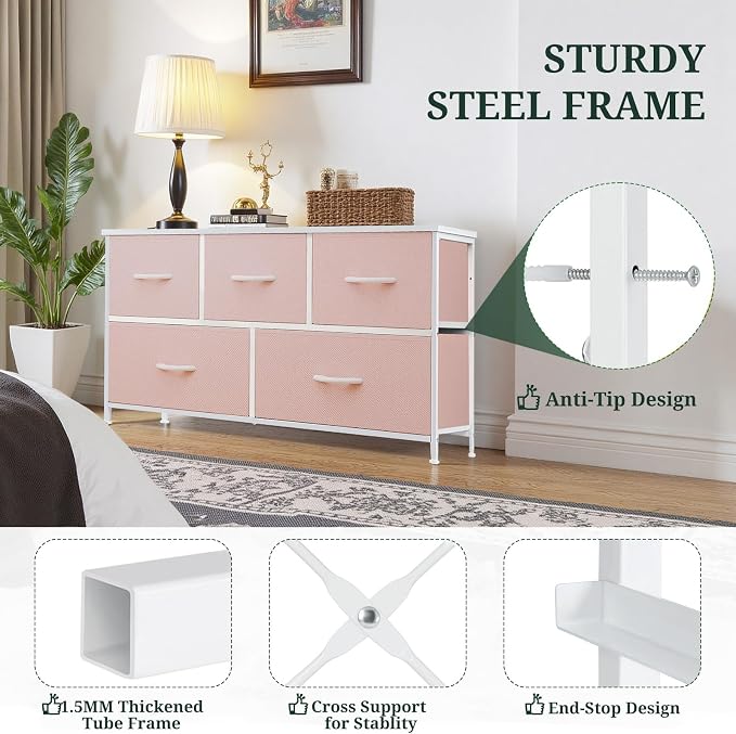 5-Drawer Dresser for Bedroom, Anti-Tip Wide Storage Organizer Fabric Chest of Drawers TV Stand for 45" TV with Wooden Top and Metal Frame for Closet, Living Room, Hallway, Entryway, Pink