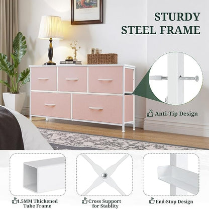 5-Drawer Dresser for Bedroom, Anti-Tip Wide Storage Organizer Fabric Chest of Drawers TV Stand for 45" TV with Wooden Top and Metal Frame for Closet, Living Room, Hallway, Entryway, Pink