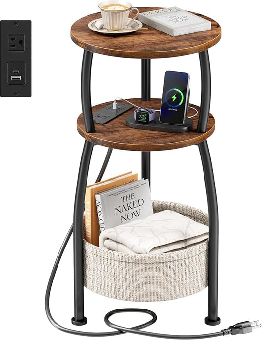 Side Table with Charging Station, Small Round End Table with Basket, USB and Type C Port, 3 Tiers Sofa Couch Table for Living Room Bedroom, Small Spaces, 11.81in Rustic Brown