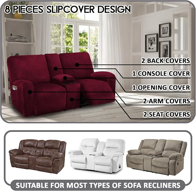 Reclining Love Seat with Middle Console Slipcover, 8-Piece Velvet Stretch Loveseat Reclining Sofa Covers, 2 seat Loveseat Recliner Cover, Thick, Soft, Washable, Loveseat Slipcovers (Burgundy - Wine)