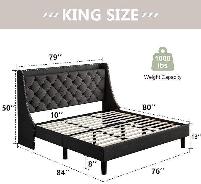 Feonase King Size Bed Frame with Luxury Wingback and Fast Charging Station, Upholstered Button Tufted Storage Headboard, King Platform Bed, Heavy Duty Wooden Slats Support, Easy Assembly, Dark Gray